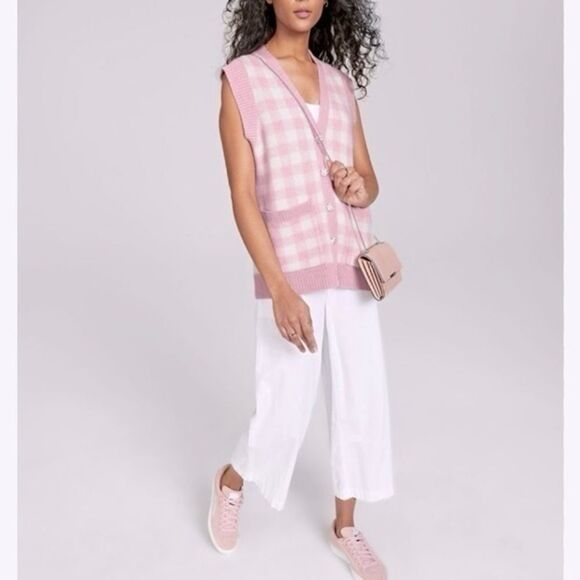 Charter Club Luxury Women's 100% Cashmere Pink Gingham Sleeveless Sweater Vest - Picture 2 of 6